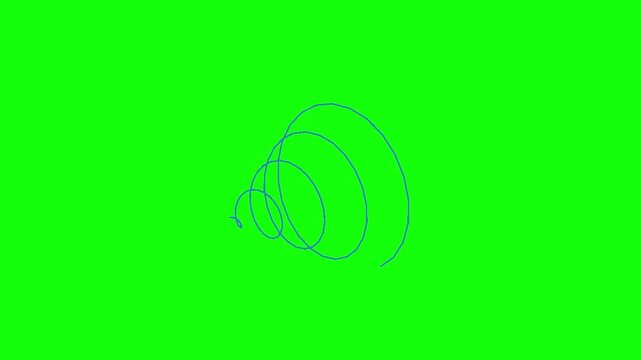 2D animated blue wire forming a spiral coil shape, hand-drawn sketch style, rotating or drawing itself, isolated on a solid green screen background.