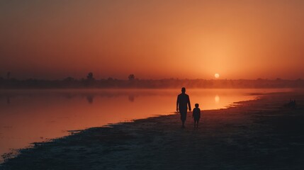 Fototapeta premium Father and child walking at sunset on quiet beach premium emotional lifestyle photography concept