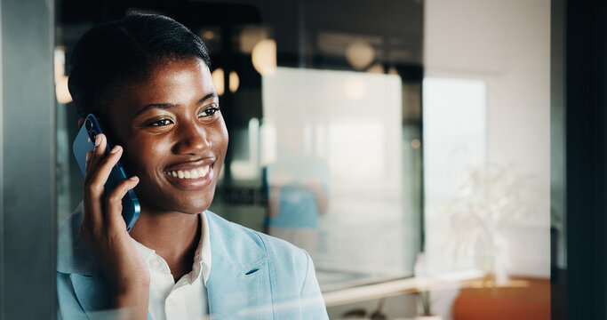 Phone call, consultant and smile with black woman in office for client advisor, account manager and negotiation. Space, portfolio discussion and feedback with person in agency for communication