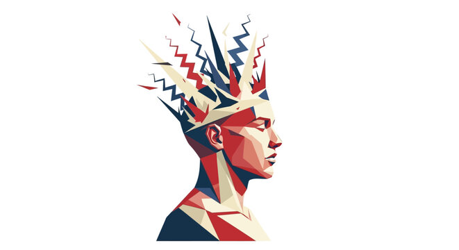 Abstract geometric portrait of a persons head with colorful, spiky crown-like elements.