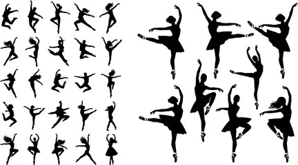 Graceful Ballet and Modern Dancers Silhouette Set Featuring Elegant Ballerinas and Dynamic Jumping Performers in Various Artistic Poses Vector Graphics © DabashChandra