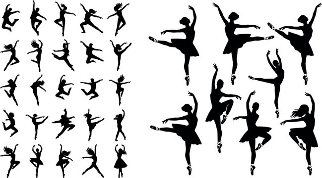 Graceful Ballet and Modern Dancers Silhouette Set Featuring Elegant Ballerinas and Dynamic Jumping Performers in Various Artistic Poses Vector Graphics