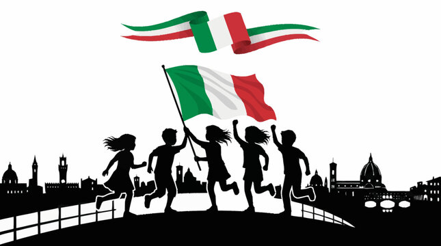 Children running with Italian flag in cityscape at sunset