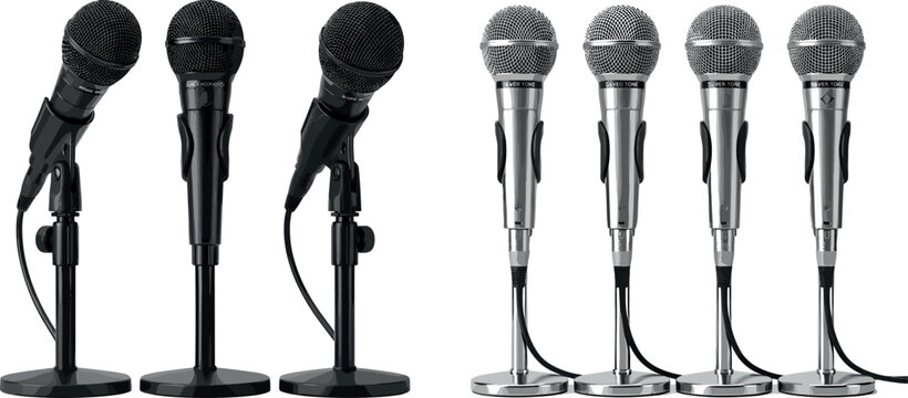 Professional Dynamic Microphone Set featuring Black and Silver Handheld Mics on Desktop Stands for Podcasting, Stage Performance, and Audio Vocal Recording Vector Designs