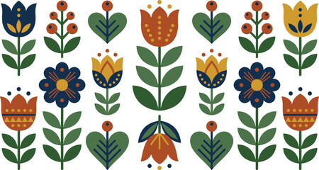 Scandinavian Folk Art Floral Vector Illustration Set Featuring Nordic Style Geometric Flowers Berries and Leaves for Decorative Patterns and Festive Greeting Cards © MDRUBEL