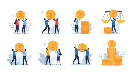 Fototapeta premium Series of illustrations features small people interacting with giant gold dollar coins to represent financial concepts.