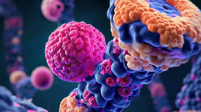 Rendered medical animation shows details of colorectal cancer in a male with cancer cells and tissues actively engaging in abnormal growth and development