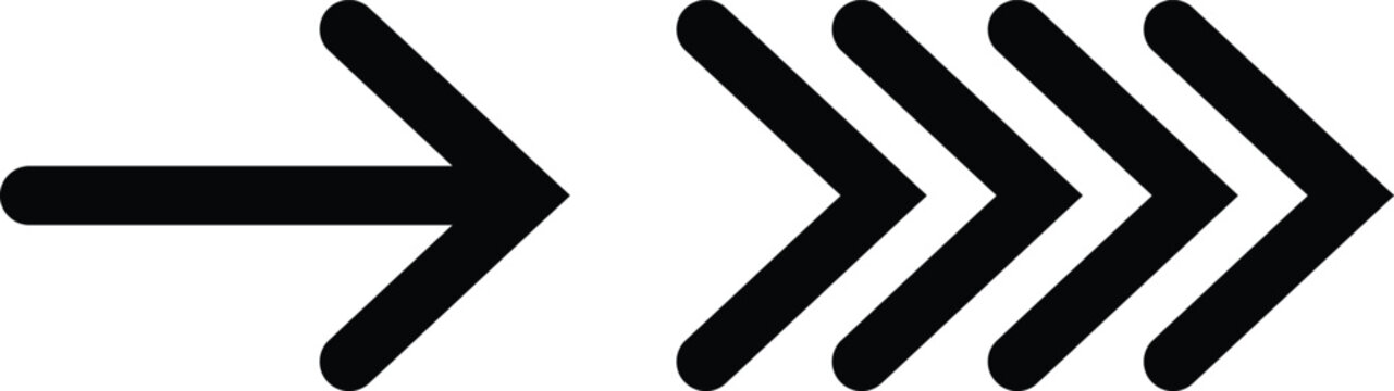 Set of modern directional arrows pointing to the right on transparent background