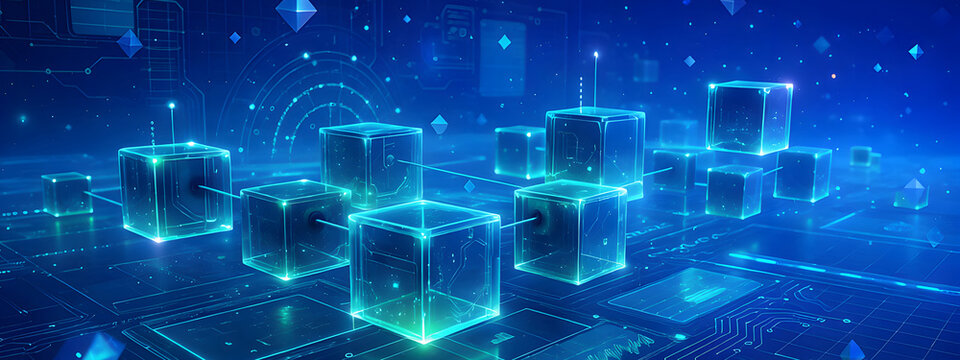 Sci-fi digital ecosystem background with connected glowing blocks symbolizing blockchain technology and data network architecture
