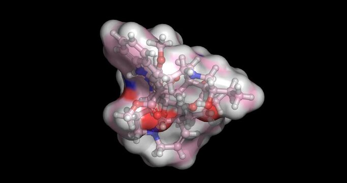 Vinblastine, chemotherapy drug/mitotic inhibitor and vinca alkaloid for cancer treatment, 3D molecule spinning, 4K