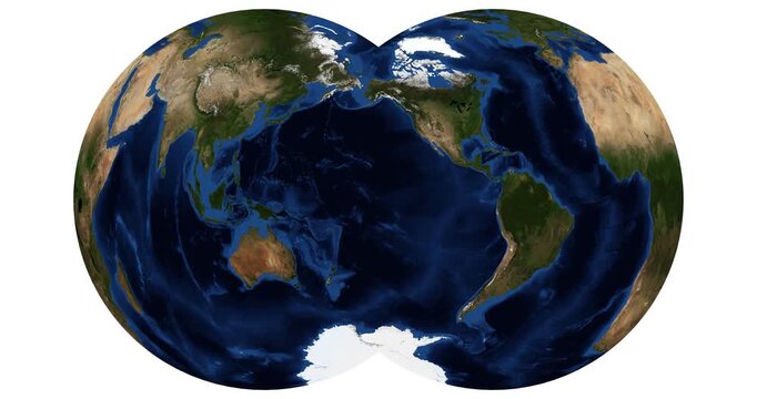 Nicolosi globular projection. High-detail physical Earth animation. Longitude shift rotation view. June View. Elements of this video furnished by NASA.