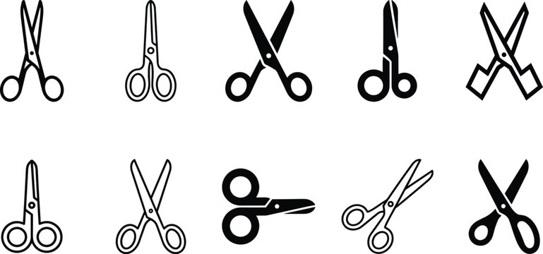 Various open and closed scissors icons in a clean white background with minimalist design for graphic use