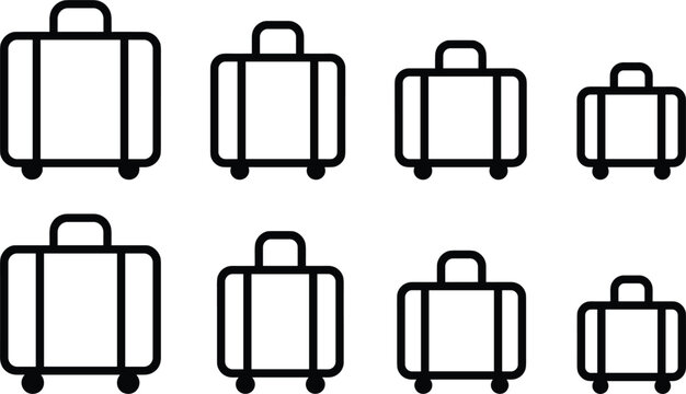 Various sized suitcases lined up against a white background representing travel options and packing choices