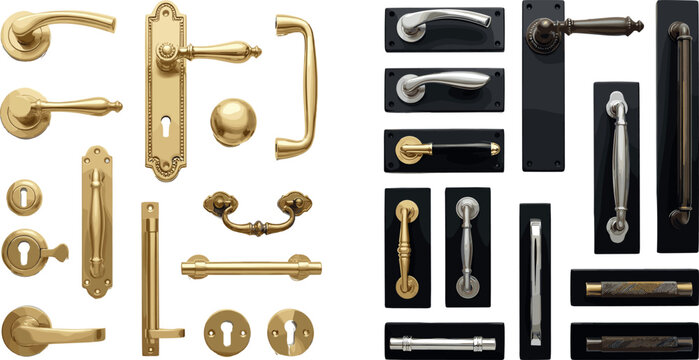 Classic Door Handles and Knobs Vector Set featuring Luxury Gold Brass Silver and Black Metallic Iron Hardware Elements for Interior Architecture Graphic Designs