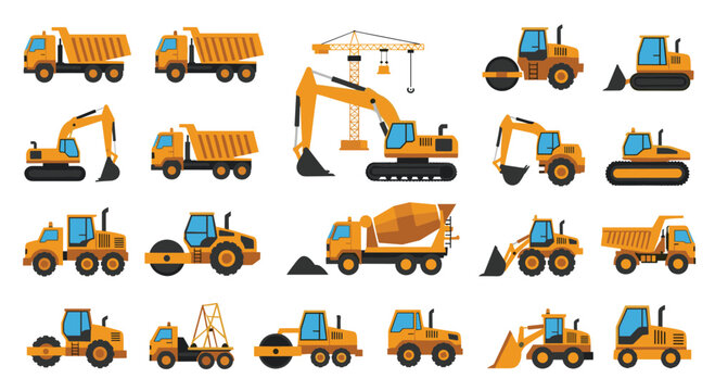 Large set of yellow construction machinery including dump trucks, excavators, road rollers, cranes, and concrete mixers for building.