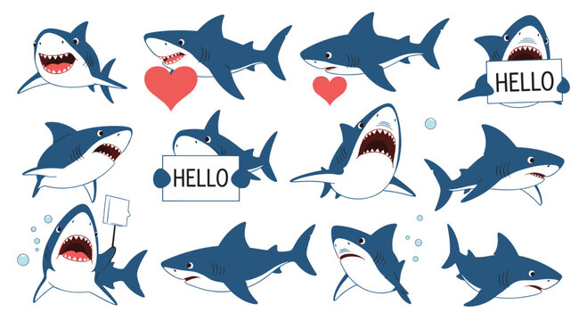 Collection of friendly cartoon sharks is shown in several poses including some holding hello signs and hearts.