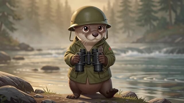 Cute cartoon otter in military uniform with binoculars exploring nature.