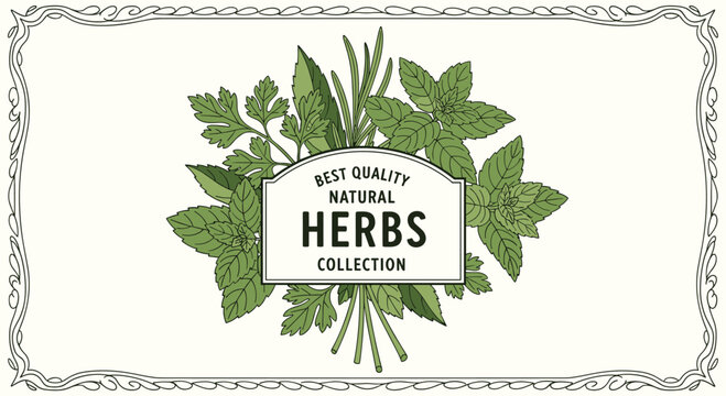 Detailed illustration of a fresh herb collection including parsley and mint is framed by a decorative scroll border.