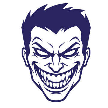 Cartoon illustration of a menacing and evil grinning male face with sharply angled eyebrows narrowed eyes a wide mouth displaying many sharp teeth on a white background pop art menacing