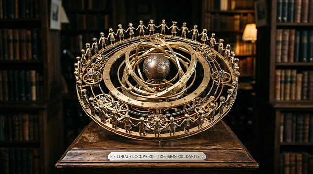 Antique armillary sphere in a library with bookshelves solar system study room