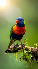 Naklejka premium Colorful bird perched on branch outdoors.