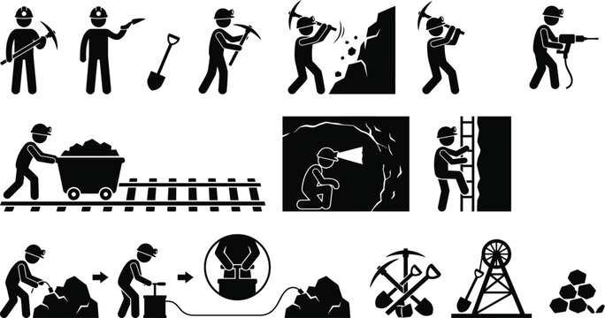 Coal mining industry worker stick figures and icons set, black silhouette under construction extraction symbols vector