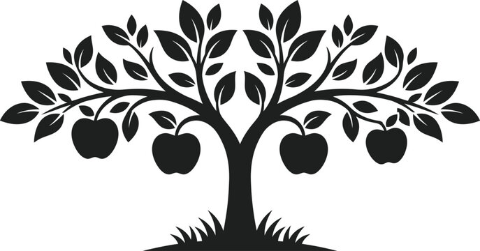 Symmetrical apple tree silhouette with leaves and fruits, black organic tree branch vector illustration