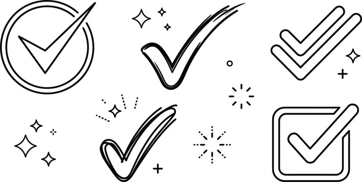 Check mark and tick outline icon set with checkbox circle double checkmark sparkles and success symbols vector illustration