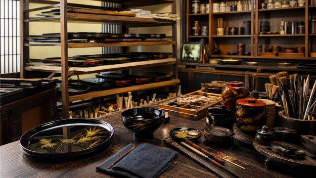 Craftspeople create traditional Japanese lacquerware in a workshop filled with tools and materials