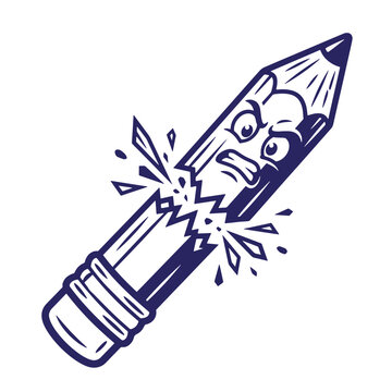 Cartoon blue pencil snapped in half with an angry and frustrated face illustration white background line art dark blue breaking point bad day frustration illustration education difficulty