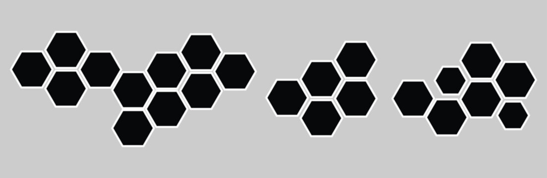 Hexagon photo gallery mosaic collage. Honeycomb layout design element, blank frames for photo collection, template, frame, overlay, montage, clipping, layer mask. Vector 