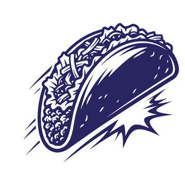Stylized flying taco illustration with motion lines and speed effects tortilla illustration restaurant catering delivery delicious ingredient wrapping traditional takeaway
