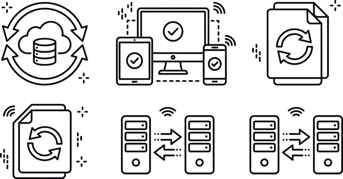 Cloud synchronization data backup device pairing and file transfer abstract concept line icon set for network server migration