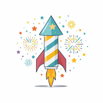 Cartoon Rocket Firework Launching with Colorful Explosions
