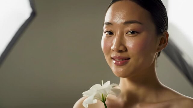 Diverse gender-neutral young adult with healthy glowing skin and gentle smile, gracefully holding a white flower against a blurred light beige studio background, concept of mindfulness and self-care