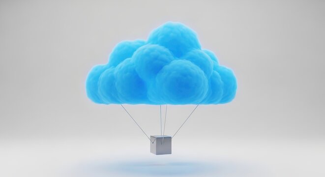 Blue fluffy cloud with a box on a parachute