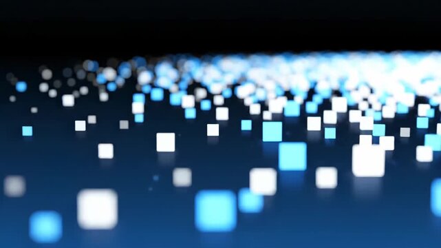 Abstract digital landscape featuring glowing white and light blue squares scattered across a dark blue gradient surface with shallow depth of field and soft bokeh light effects.