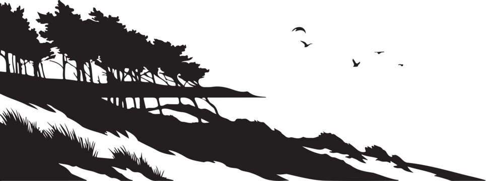 Black silhouette of trees on a hillside with birds flying