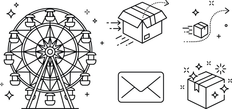 Amusement park entertainment logistics vector illustration with ferris wheel attraction cardboard parcel shipping boxes and email mail envelope