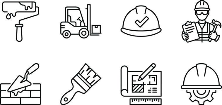Construction worker with blueprint and tools in a clean line art style for industry concepts