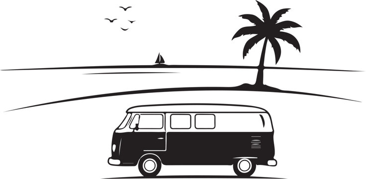 Black van parked under palm tree on beach tropical silhouette