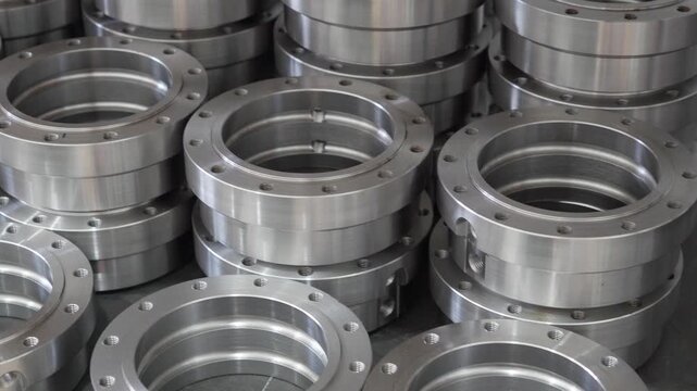 Metal circular flanges. Pipeline industrial equipment maintenance at manufacturing plant factory. Industry. Round metal flange with eight bolt holes, machined grooves, and a polished surface