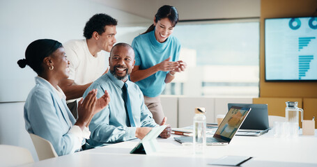 Fototapeta premium Laptop, applause and business people in office with planning for finance report with budget. Clapping, meeting and financial advisors with manager with computer for investment proposal in workplace.