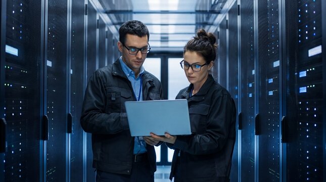 IT professional male and female engineers collaborating on server maintenance in a high-tech data center environment featuring glowing server racks and advanced network monitoring equipment