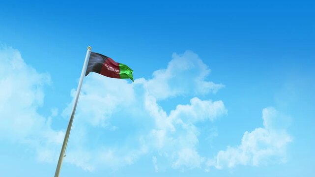 Afghanistan Flag 3D Render Animation on Pole with Blue Sky and Clouds - Low Angle View