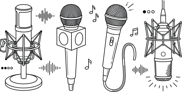 Audio recording podcast microphone and studio equipment line art vector icon set with sound waves music notes isolated