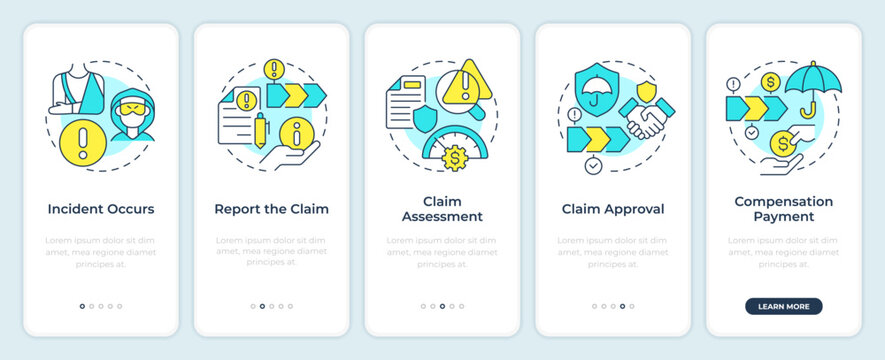 Processing insurance claims onboarding mobile app screen. Walkthrough 5 steps editable graphic instructions with linear concepts. UI, UX, GUI. Montserrat SemiBold, Regular fonts used