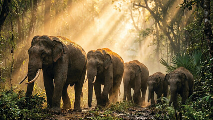 Fototapeta premium Five Majestic Sri Lankan Wild Elephants in Cinematic Jungle Light - Ultra-Realistic Wildlife Photography