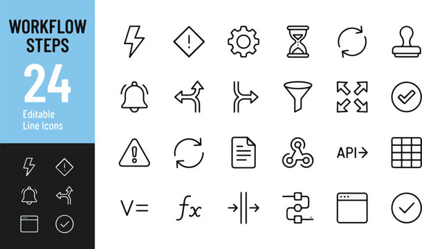 Workflow Steps Line Icon Set with 24 Minimalist Outline Vector Icons for Business Automation, SaaS UI UX Design, API Integration, and Process Diagrams