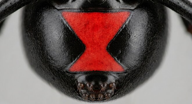 Extreme close-up of black widow spider red hourglass marking on ventral abdomen